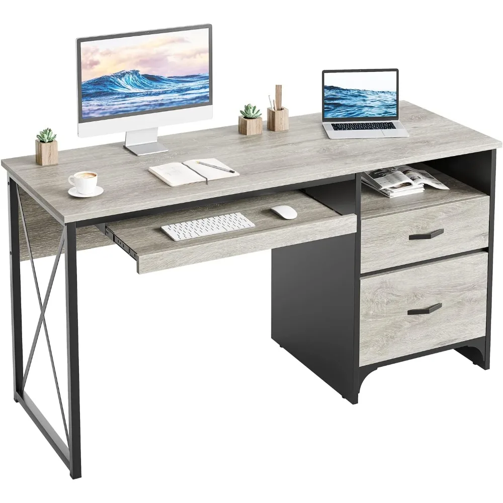 Bestier Office Desk with Drawers, 55 inch Industrial Computer Desk with Storage, Wood Teacher Desk with Keyboard Tray & File