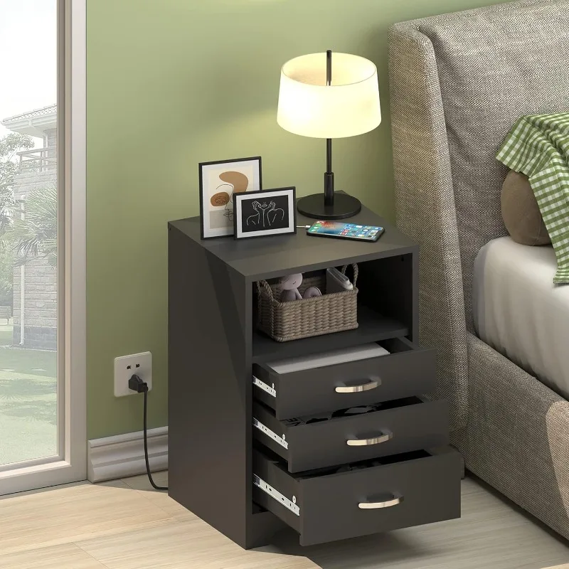 3 Drawers Black Nightstand with Charging Station, Side Table with Open Storage Bedside End Table Night Stand Storage Cabinet