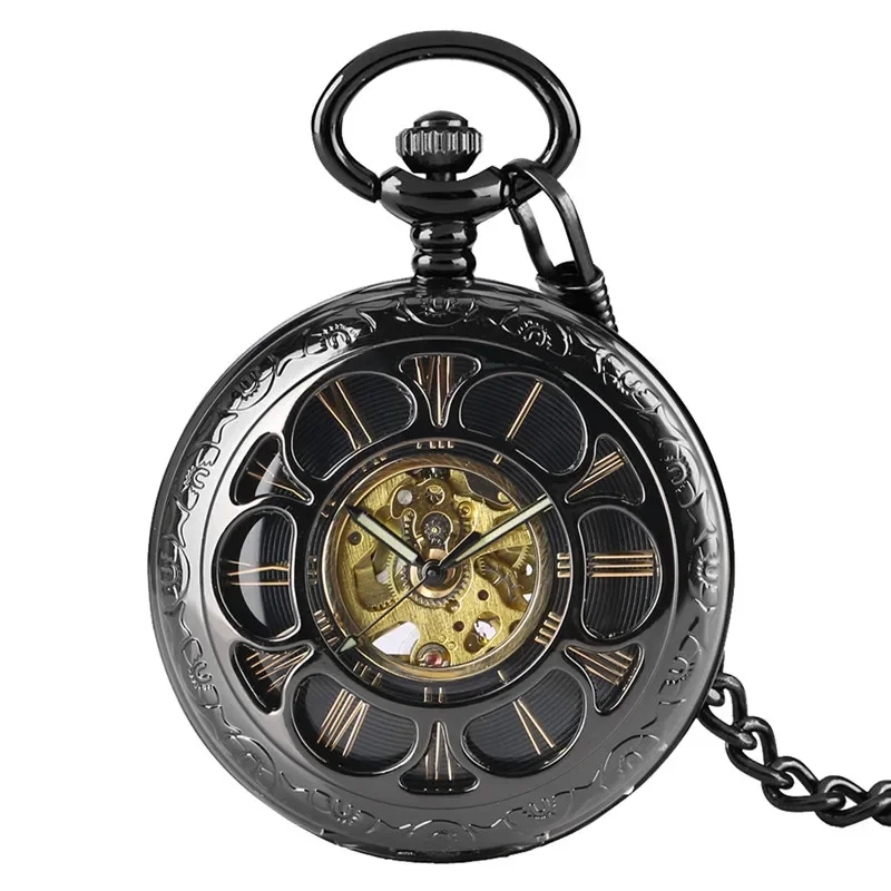 Retro Black Hollow Flower Cover Pocket Watch Mechanical Handwinding Clock Roman Numeral Dial with Pendant Chain for Men Women