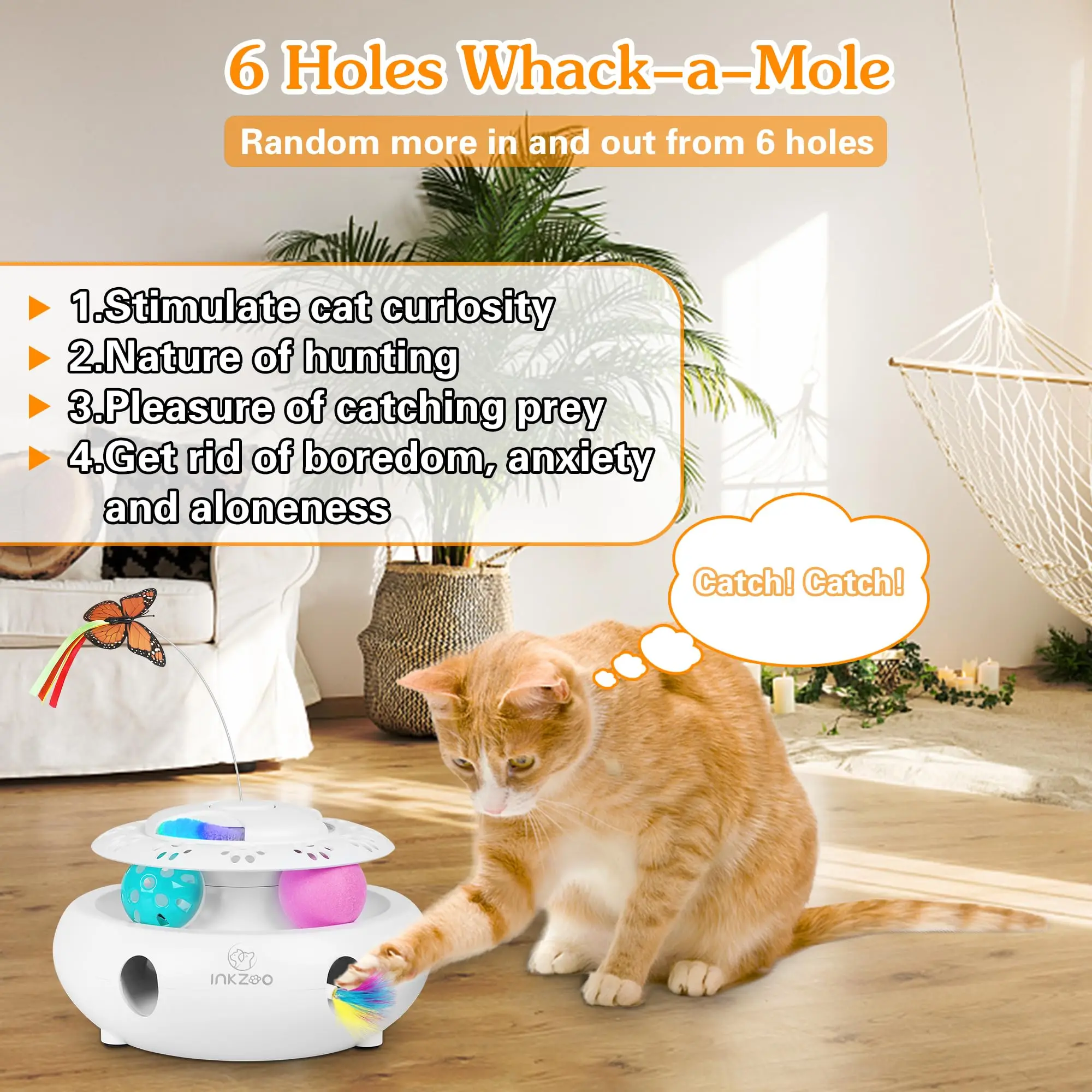 INKZOO 4-in-1 Interactive Cat Toys for Indoor Cats, Automatic 6 Holes Mice Whack-A-Mole, Fluttering Butterfly, Track Balls, USB