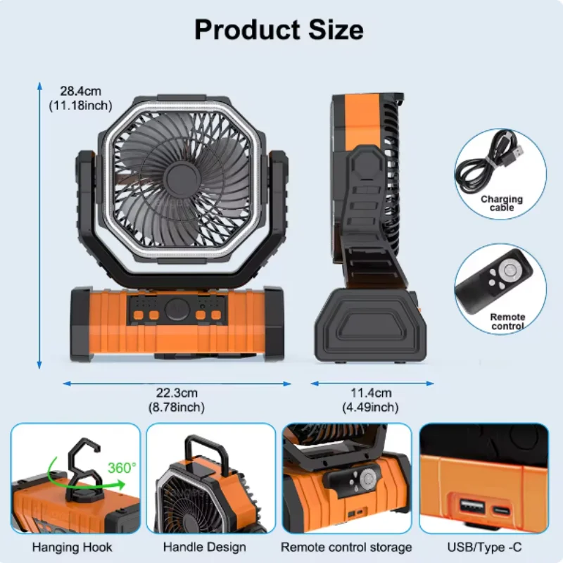 Movable sem fio Camping ventilador com gancho, circuladores de ar ao ar livre, bateria de alta capacidade, luz LED, 20000mAh