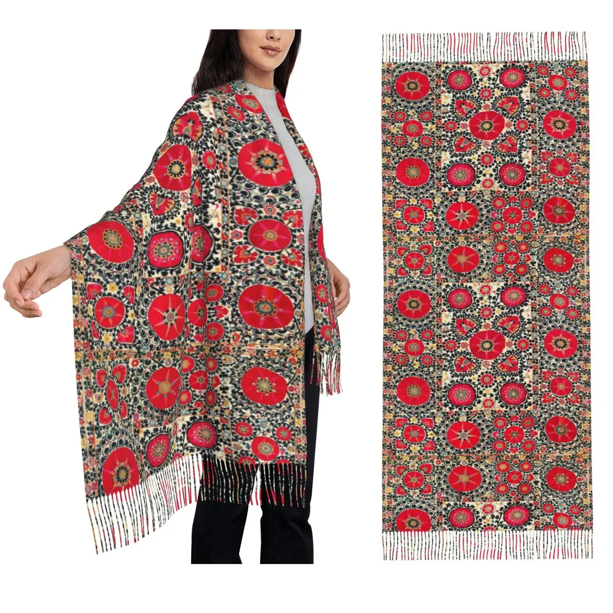 

Shakhrisyabz Suzani узбекский шарф с вышивкой и принтом, шарфы с кисточками, женские мягкие теплые шали и накидки, длинная осенне-зимняя шаль