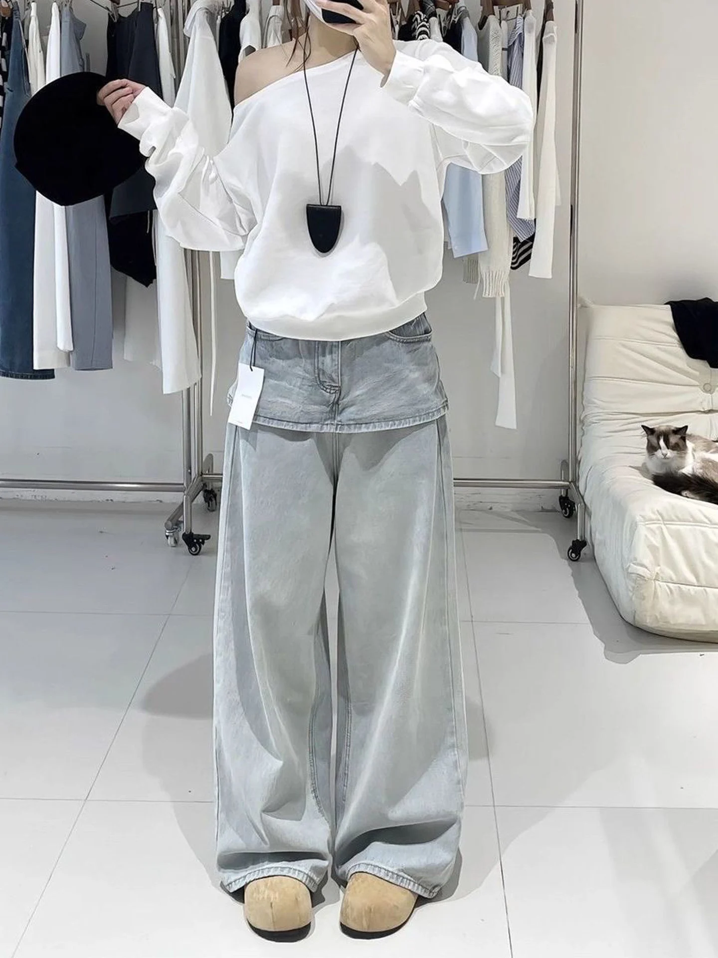 

American Style Light Blue Wide Leg Jeans Women's Summer New High Waist Meat Covering Slimming Commute Straight Long Pants