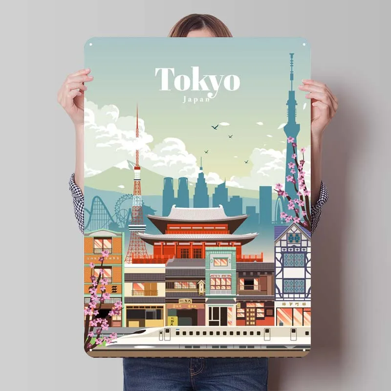 Visiting Tokyo Metal Wall Art Mural Cityscapes Poster Bathroom Decor Retro Metal Signs for Wall Decoration Room Decor Aesthetics