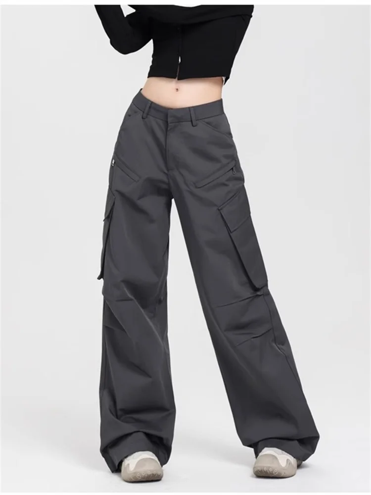 QWEEK Y2K Vintage Gray Cargo Pants Women Korean Fashion Wide Leg Trousers Oversized Streetwear Hip Hop Pleated Basic Pantalones