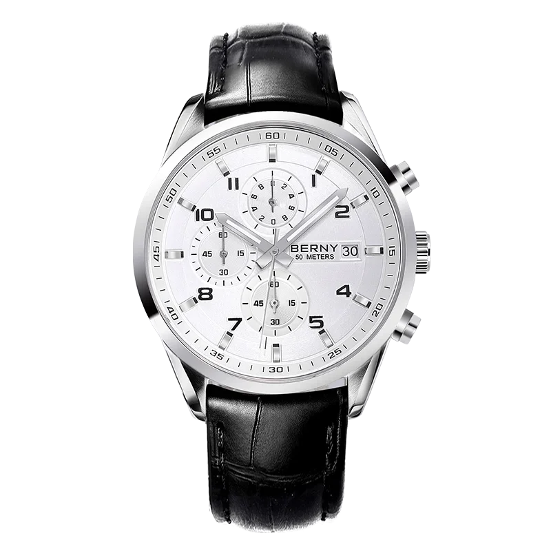 BERNY Uhren für Herren, 42 mm, Quarz-Chronograph, Herrenuhr, Saphir, modisch, Datum, leuchtend, Multifunktions-Sport-Armbanduhr