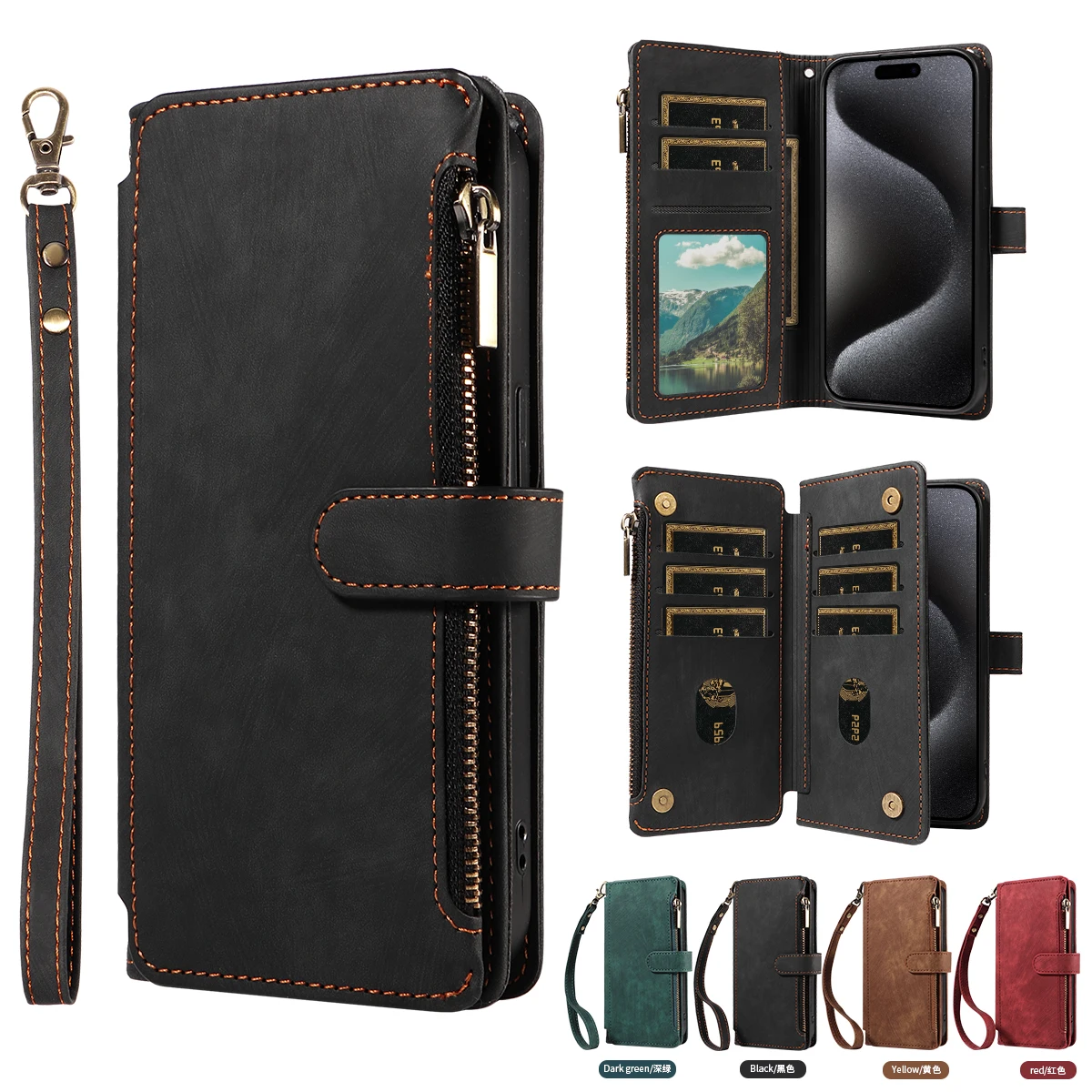 Reißverschluss PU-Leder Handyhülle für SamsungGalaxyA13 A14 A15 A21 A22 A23 A24 A25 A32 A34 A50 A54 Flip mit Kartenfächern Wallet Cover – Detail 2