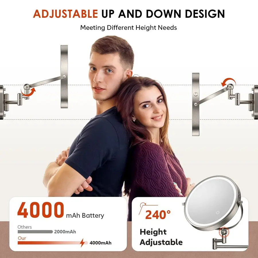 壁掛け照明付き化粧鏡、4000mAh充電式両面1X 30X拡大鏡ライト付き、タッチ調光、拡張機能付き