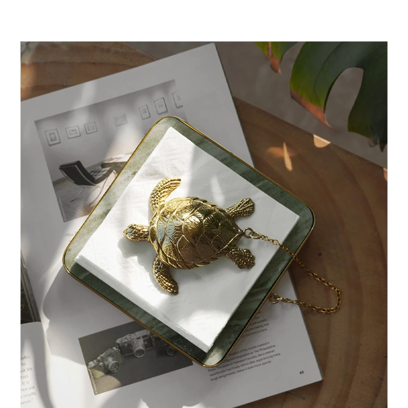 Gold Brass Craftsmanship Turtle Green Marble Retro Tissue Holder Living Room Desktop Decor Ornament Housewarming New House Gift