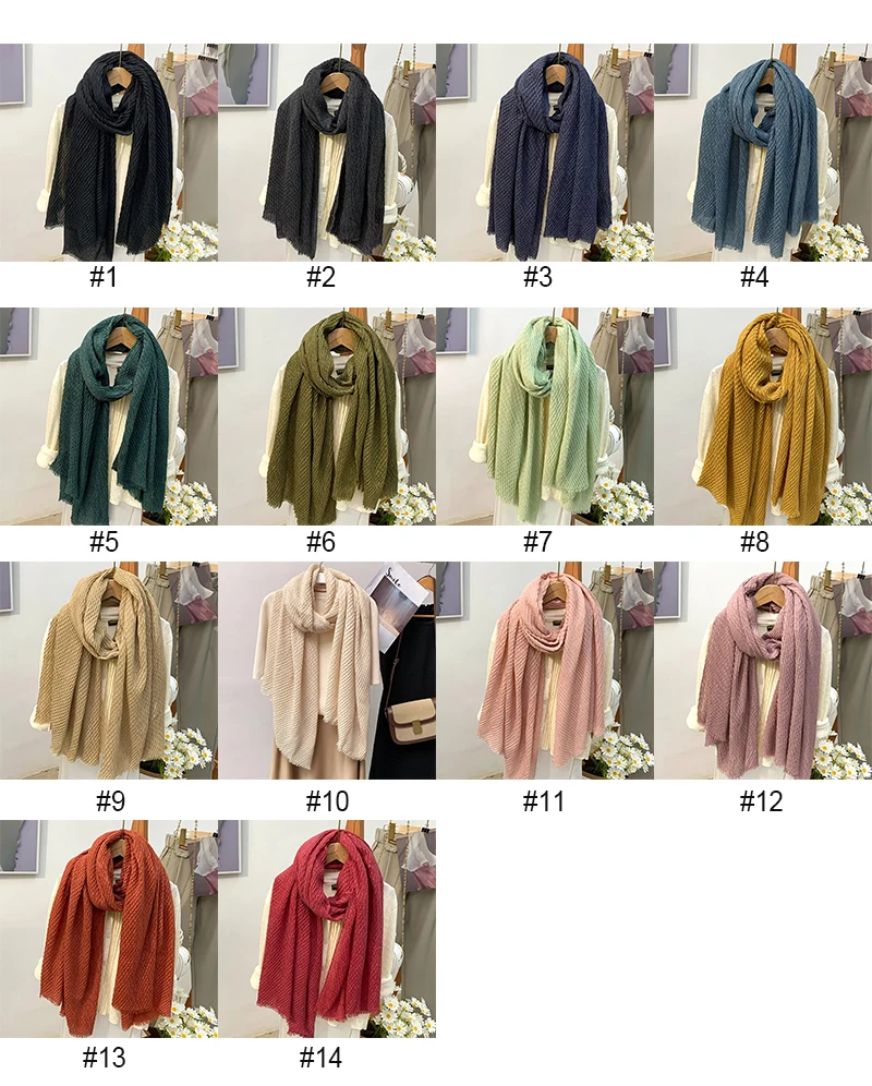 Solid Color Cotton Linen Scarf for Women Lady Long Tassel Scarves Autumn Soft  Wrap Shawls Pleated Tassel Muslim Woman Hijabs