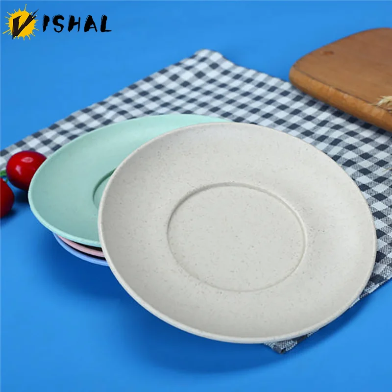 VISHAL Wheat Straw Dish Set Round Rice Plate Creative Home Anti Drop Bone Dish Plastic Fruit Plate Retro Wheat Tableware