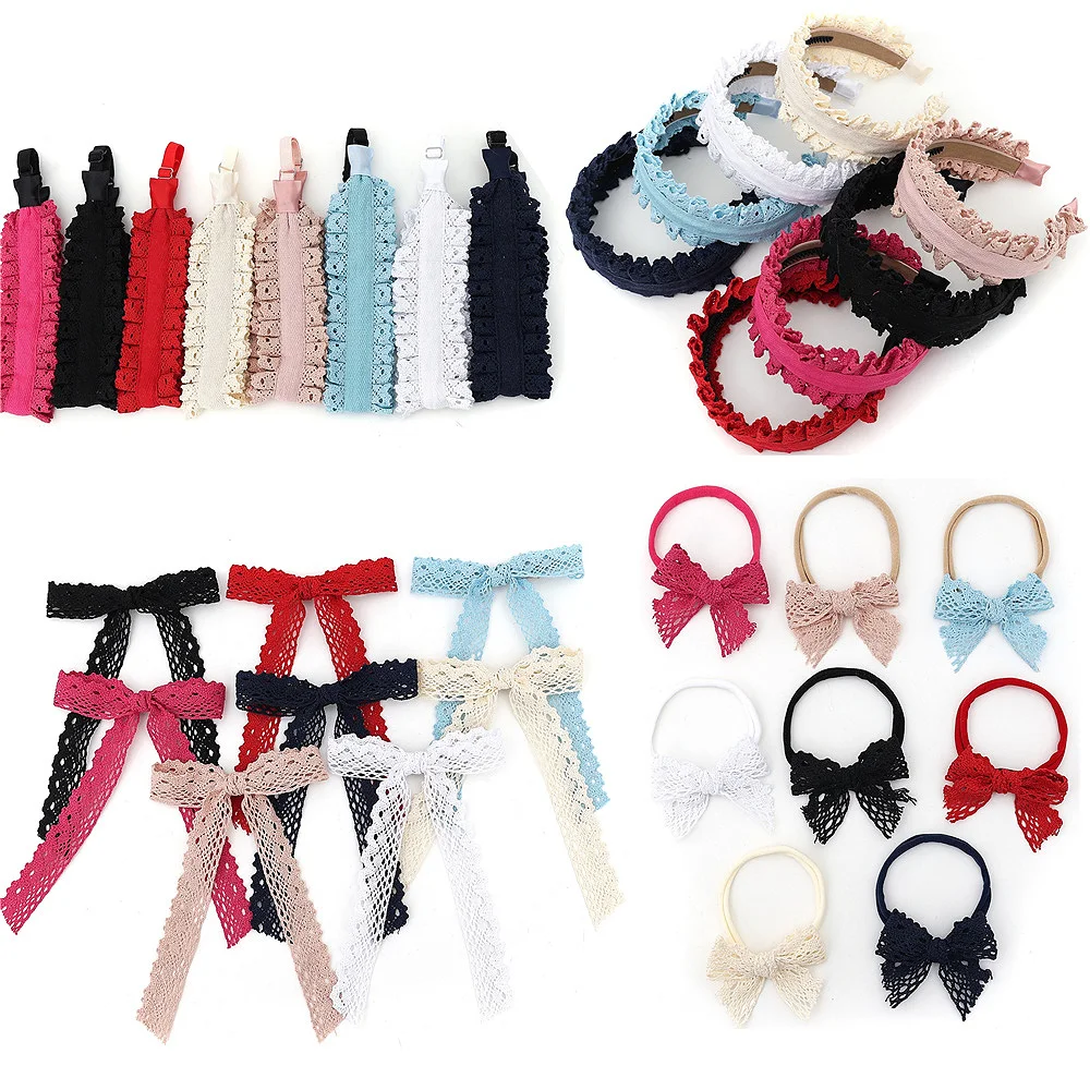 Lace Trim Pleated Hairband Lace bow Knot Hair Clip Elastic Hairband Women\'s Stylish Hair Accessories