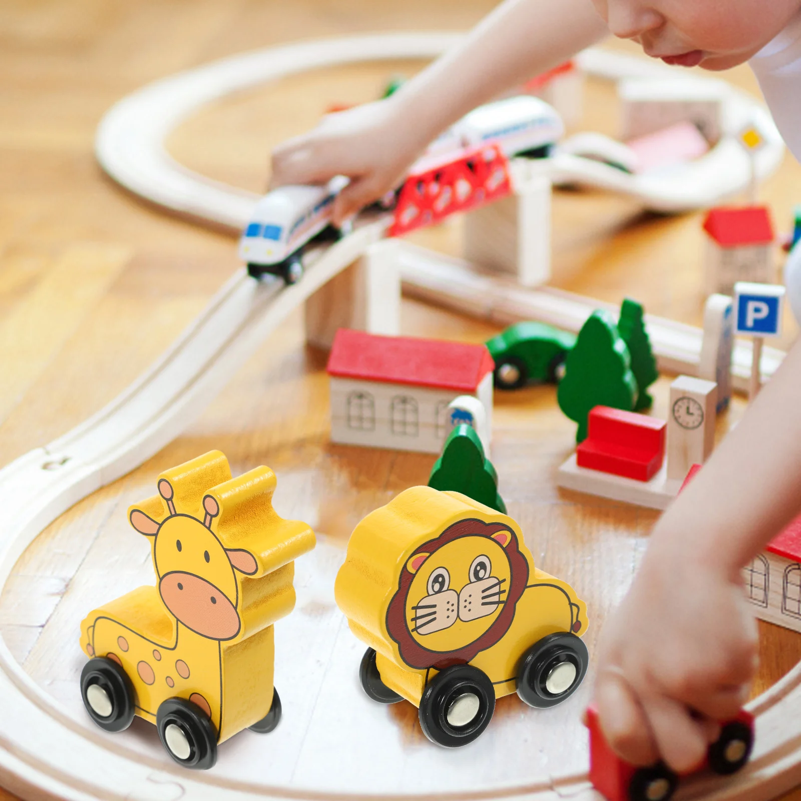 

6 Pcs Wooden Track Accessories Colorful Train Car Cute Kids Trains Toddler Toys Educational Plaything Bright Animal Design