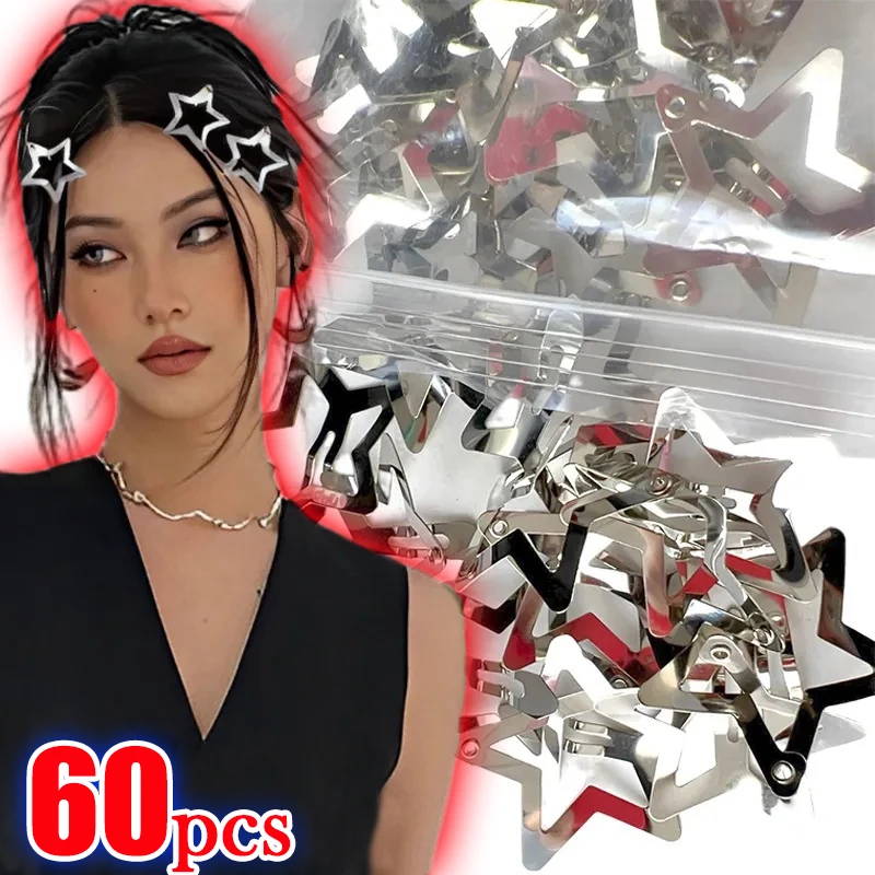 2/60Pcs Y2K Silver Star Hair Clips for Girls Filigree Star Metal Snap Clip Hairpins Barrettes Hair Jewelry Nickle Free Bobby Pin