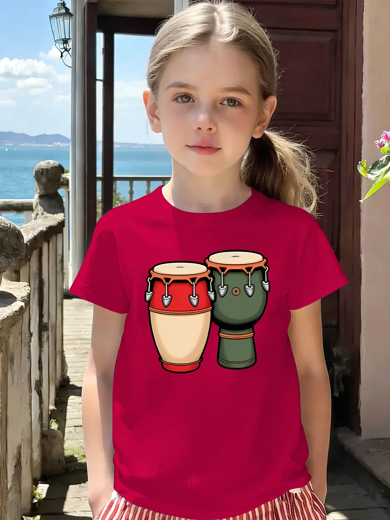Cartoon Djembe Percussion Instrument Print T Shirt Boys Girls Short Sleeve Crew Neck Cotton Parent Matching Tops Toddler Youth