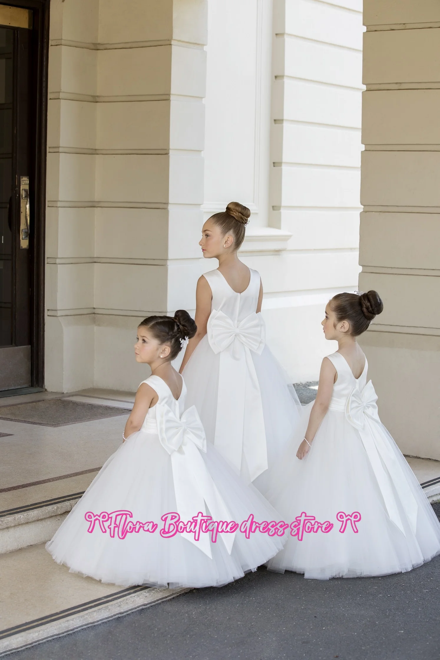 Vestidos de menina de flor sem mangas inchados de tule personalizados para casamento arco vestidos de baile crianças primeira comunhão vestidos festa de aniversário