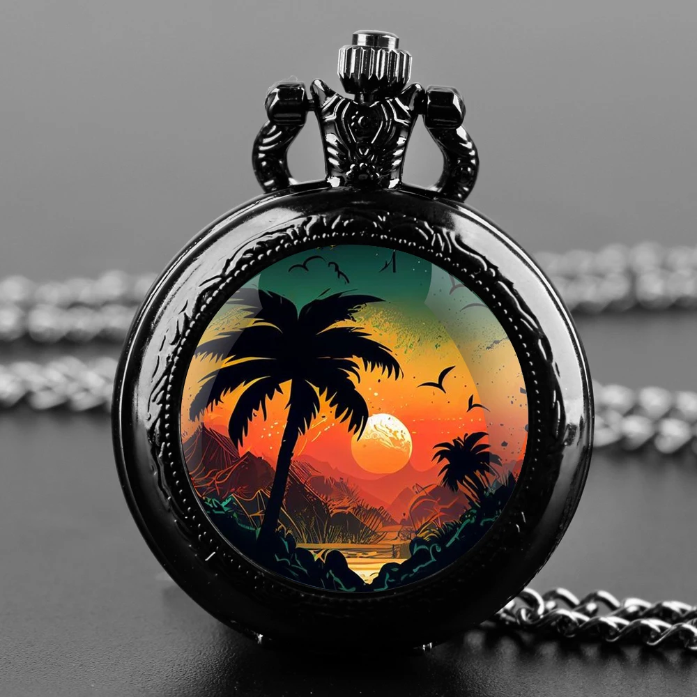 New Black Quartz Pocket Watch Retro Sunrise Sunsea Theme Pocket Fob Watch Pendant Necklace Pocket Watch Men Womens Gift