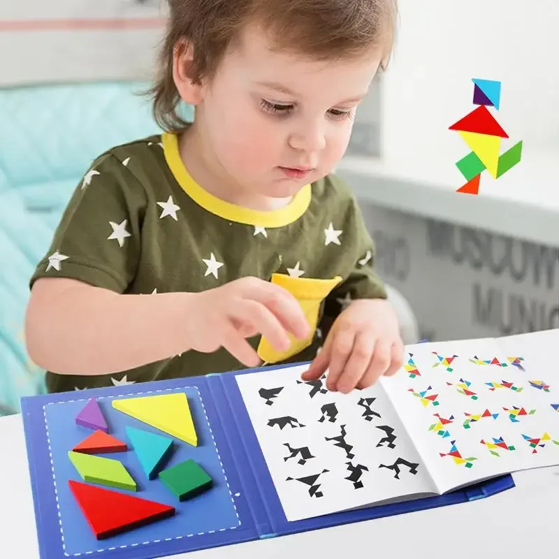 Wooden Jigsaw Magnetic Tangram Puzzle Book Educational Toys For Children Baby Kid Portable Montessori Fun Learning Gift