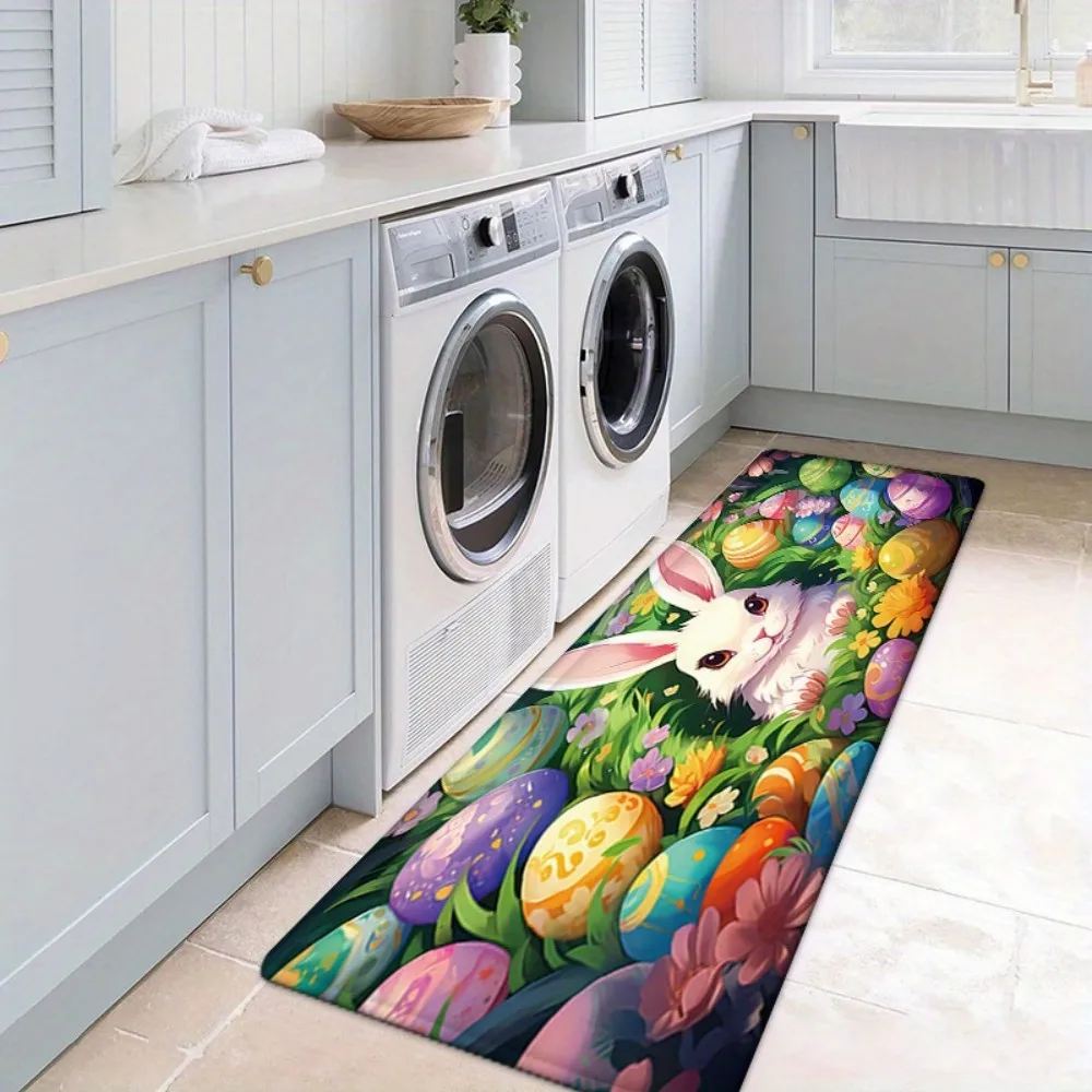 VIKAMA Easter Cartoon Rabbit Print Floor Mat, Non-Slip And Absorbent, For Entrance, Kitchen And Bathroom Home Decoration Carpet