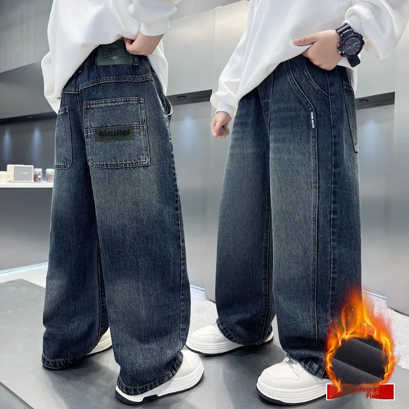 

Cool Boys Winter Fce Lined Jeans Long Pants Autumn Winter Sle Loose Straight Casual Trousers for Medium And Large Children