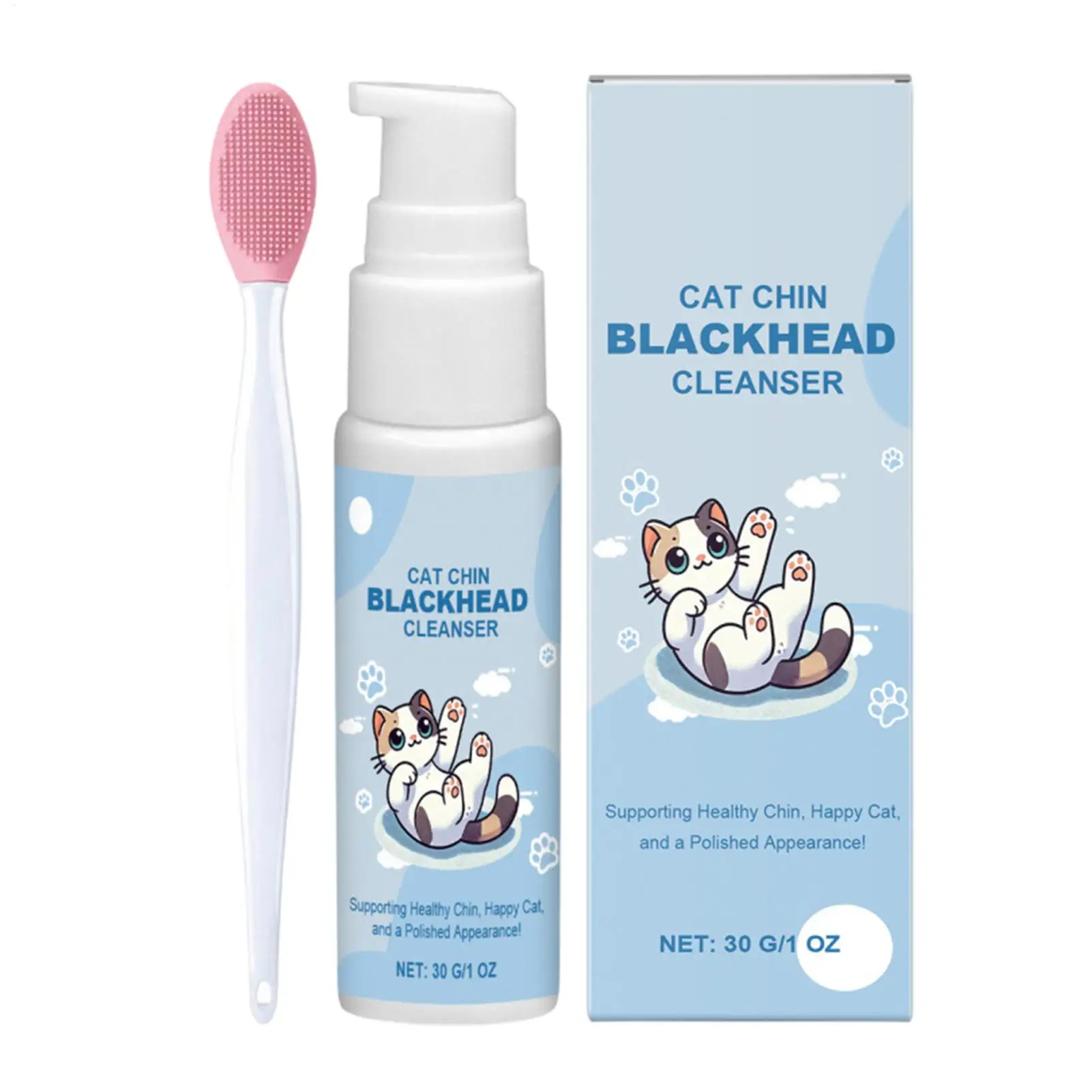 Limpiador de barbilla para mascotas de 30 g, loción limpiadora de puntos negros con cepillo, limpiador profundo eficaz, spray de limpieza suave, suministros de aseo