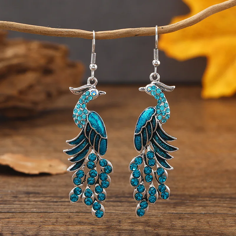 Blue Drop Oil Rhinestone Peacock Earrings for Women Ethnic Vintage Long Silver Color Geometric Animal Earrings Boho Jewelry Gift