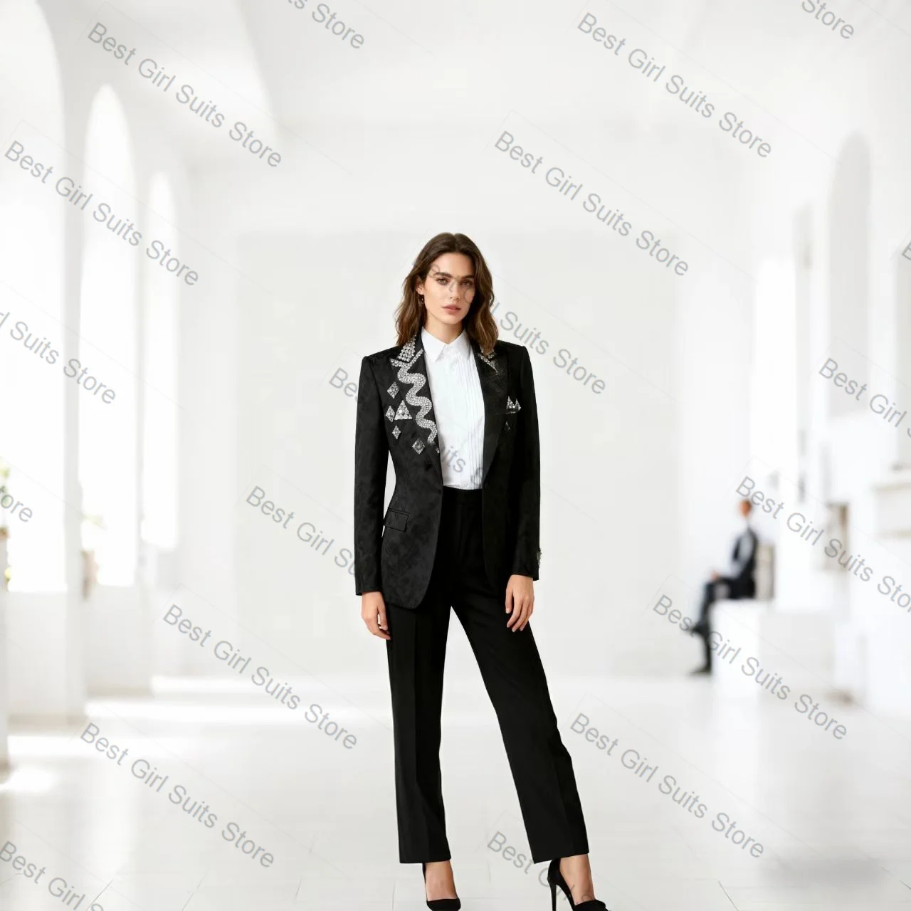 ชุดสูทผู้หญิงสีดำ 2 ชิ้น เสื้อเบลเซอร์+กางเกงขายาว ผ้าฝ้าย ชุดทำงานสุภาพสตรี แจ็คเก็ตสั่งตัดได้ สำหรับงานพรอม งานแต่งงาน