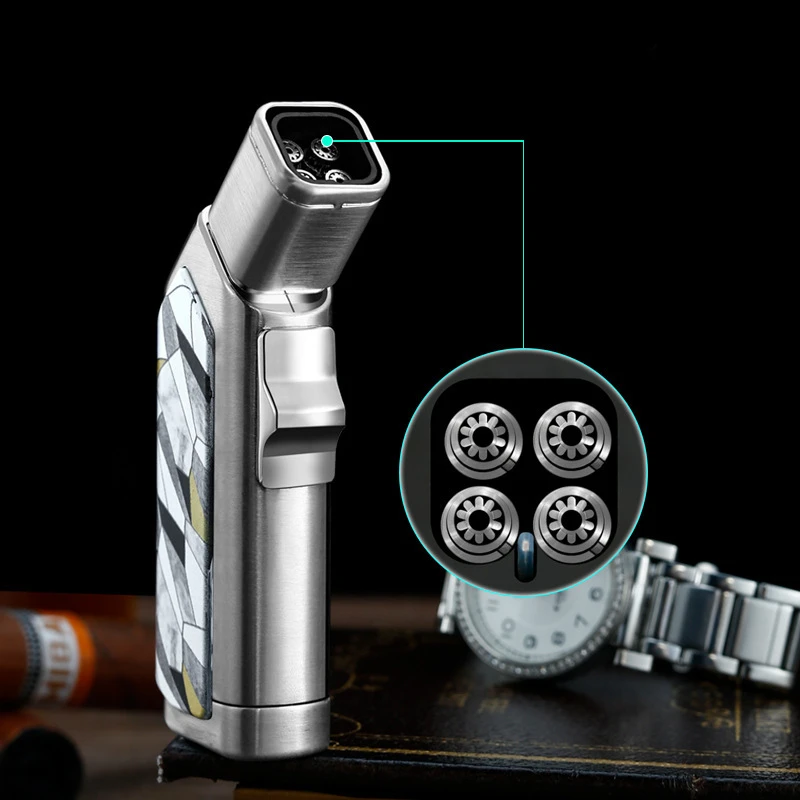 JOBON Portable Cigar Lighter 360° Use Four Strong Blue Flame 1300°C Torch Turbine Jet Windproof Lighter Cigar Cutter Men's Gift