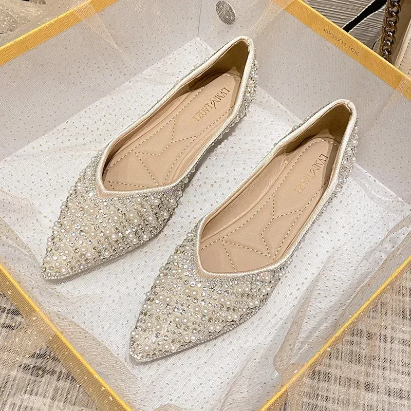 

Woman Ballet Flats Shoes Rhinestone Loafers Flat Pointed Toe Shoes Female Casual Slip on Flats Footwear Boat Shoes 2023