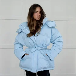 New Women's Fashion Hooded Jacket Thick Warm Coat Belted Winter Outerwear Vintage Zipper