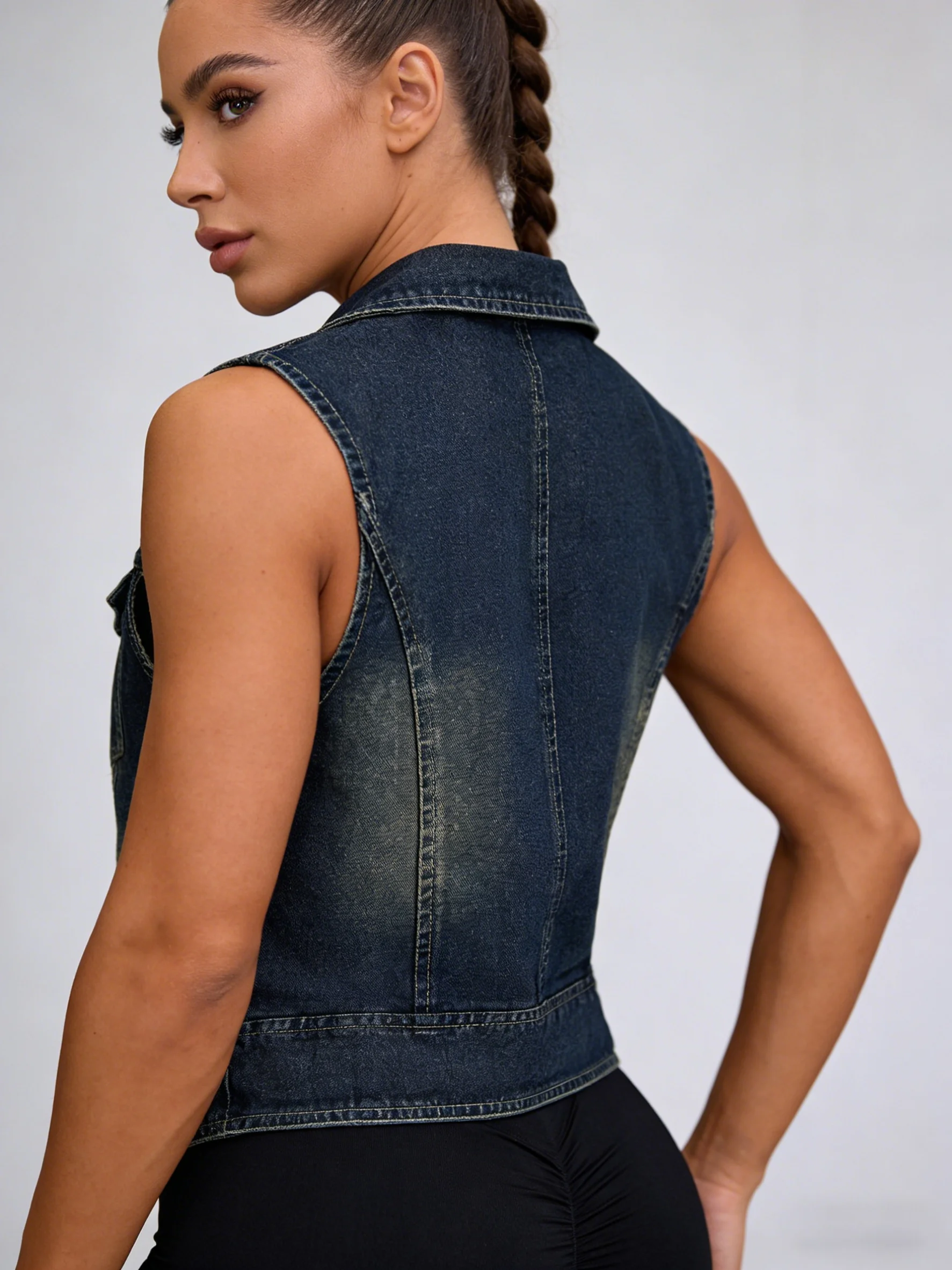 Women's Plus Size Sleeveless Notched Lapel Vest with Button Closure, Zipper Detail and Asymmetric Hem Casual Outwear