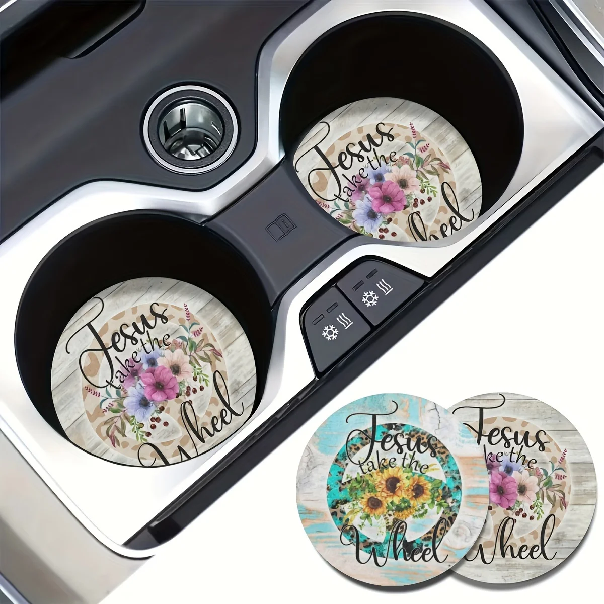 2 Jesus Takes The Wheel Acrylic Cup Holder Coasters - Waterproof Interior Accessories, Durable Non-Slip Coasters, Suitable For D