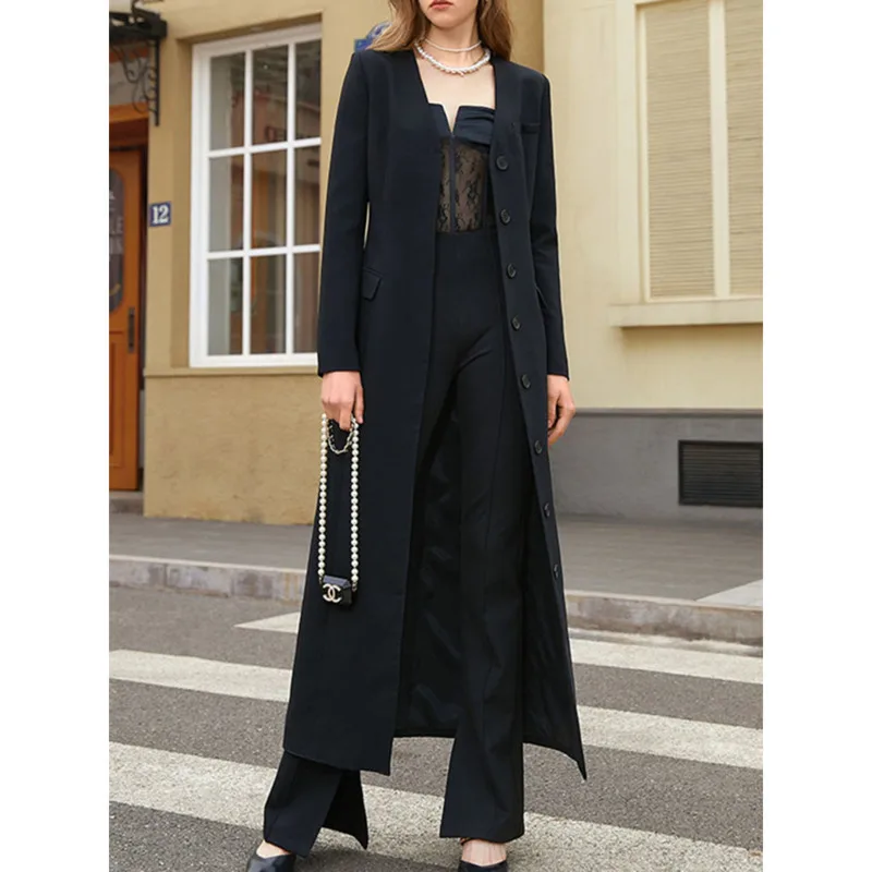 

HUISONG Temperament V-neck Trench Women's Long Sleeves Solid Color Single Breasted Gathered Waist Long Coats 2025 Spring New