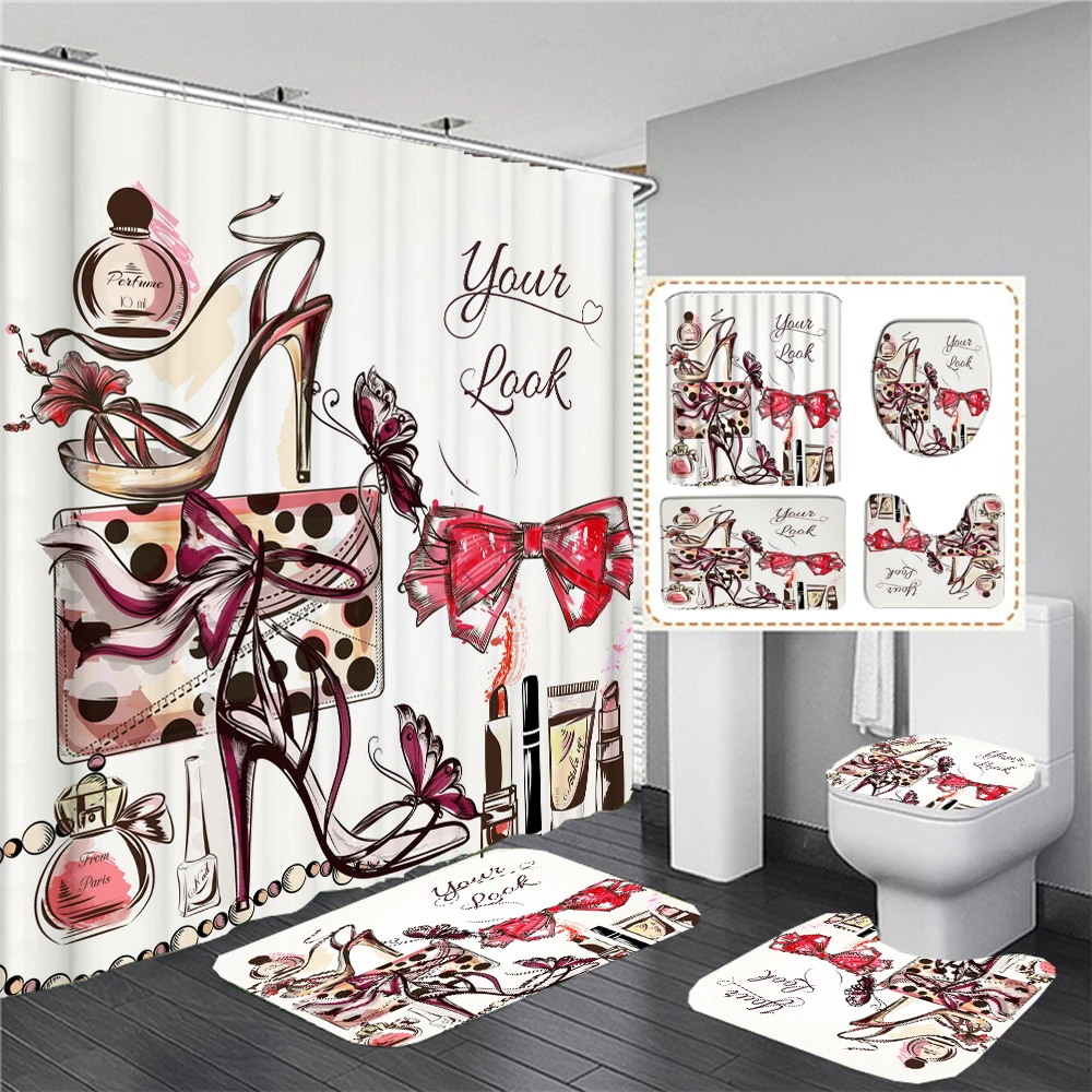 

Fashionable Perfume Cosmetics Girl Shower Curtain Set Waterproof Bathroom Toilet Cover Non-Slip Bath Mat Rug Carpet Decor