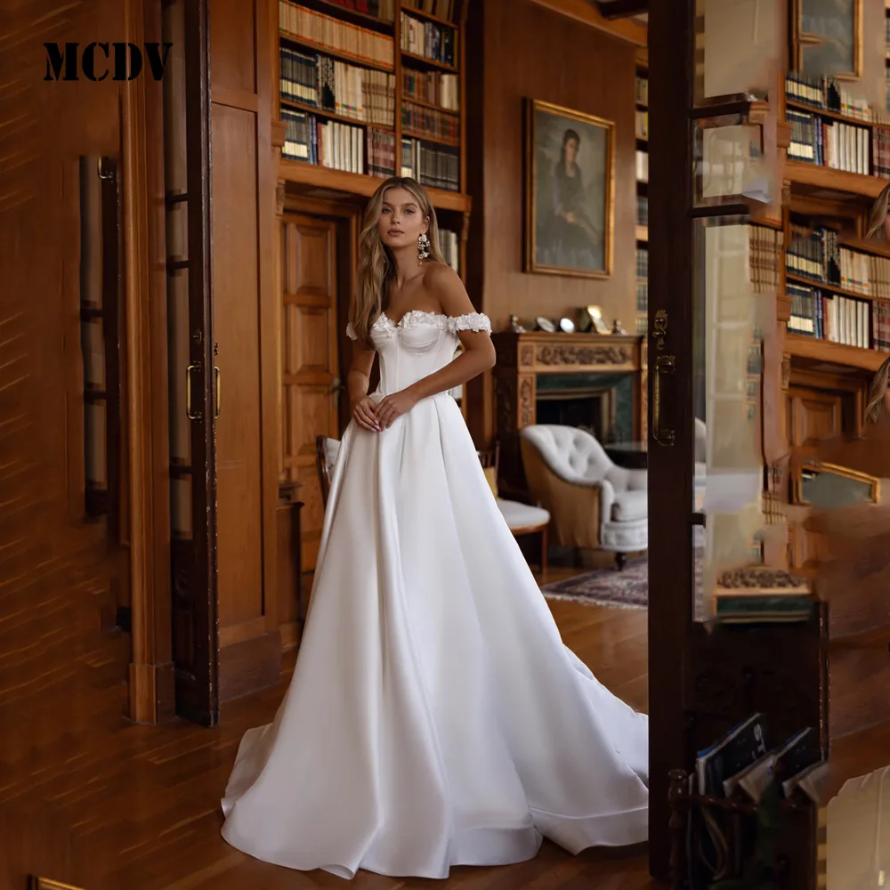 

MCDV Off Shoulder Flowers Wedding Gowns For Women Satin Sweetheart Backless A-Line Bride Gowns Customized vestidos de novia 2025