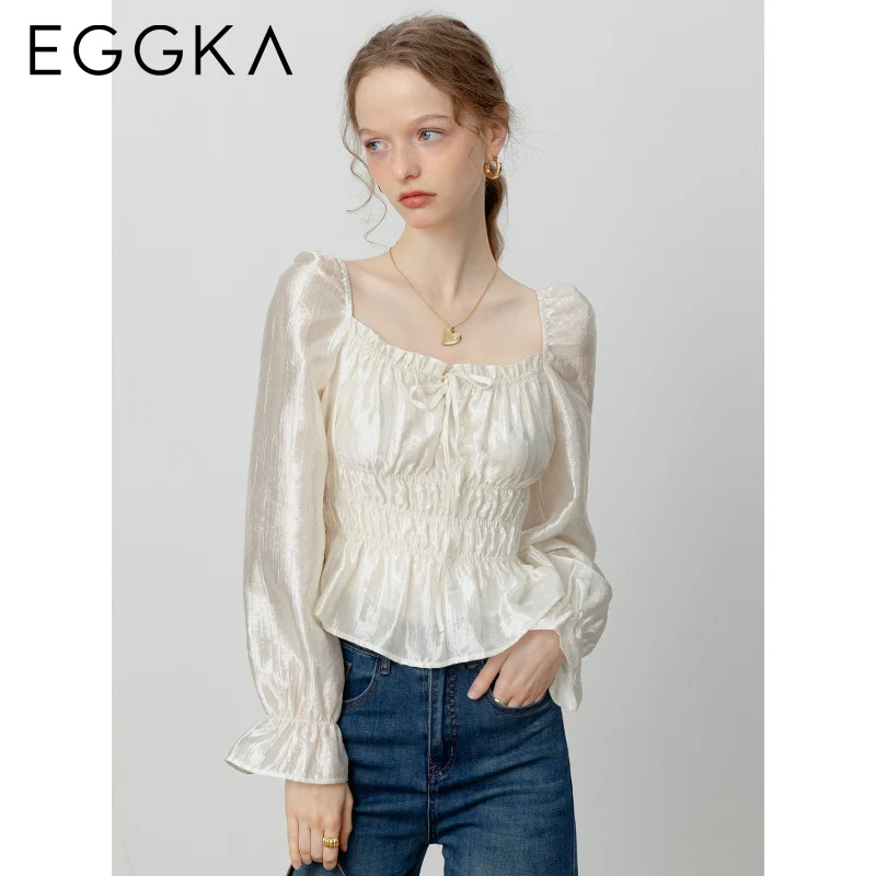 EGGKA French Retro Square Collar Strappy Blouse Women Gentle Long-sleeved Shirt Temperament  Waist Shirt Office Lady 2024 Autumn