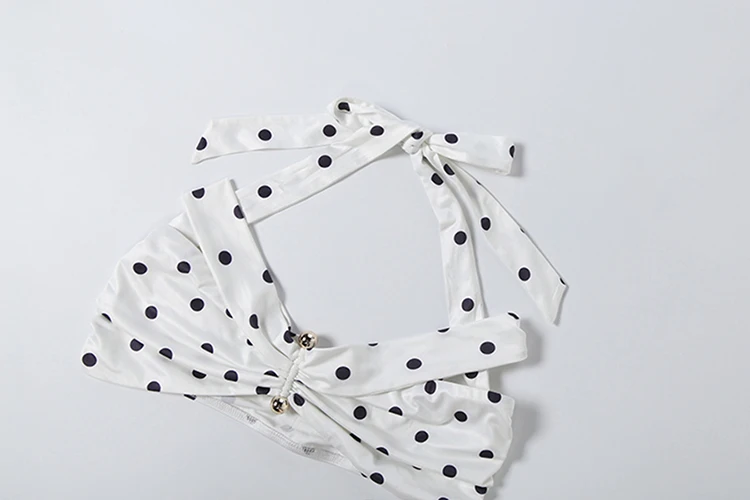 Nibber Chic Vacation 2-teiliges Set für Damen mit Polka-Dot-Print, sexy Neckholder-Bandagen-Crop-Tops mit Schrägausschnitt + hohler, geraffter Rock, Trendanzüge – Detail 18