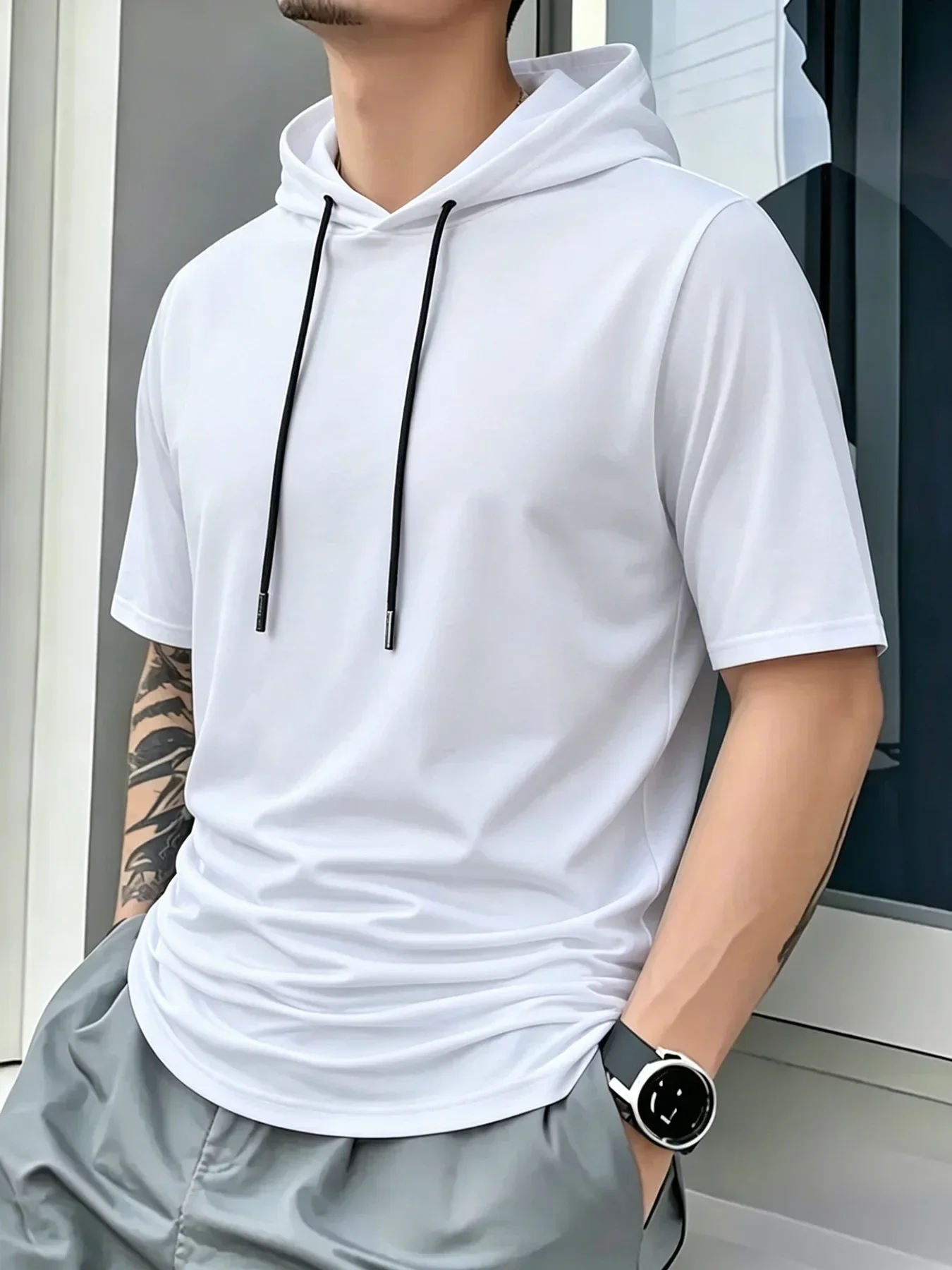 Herren-T-Shirt mit kurzen Ärmeln und Kapuze, atmungsaktiv, schnell trocknend, Anti-Pilling-Kapuze mit Kordelzug, lässiger Slim-Fit-Streetwear-Sportpullover – Detail 8