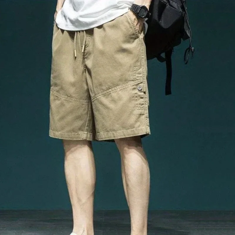 With Pockets Men's Cargo Shorts Draw String Half Baggy Solid Bermuda Male Short Pants Elastic Waist Loose Long Wide Summer Y2k