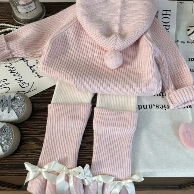 

Girls Suit 2025 Autumn New Childrens Clothing Korean Style Girl Baby Hoodie Knitted Sweater Leggings Two Sets of Casual Daily