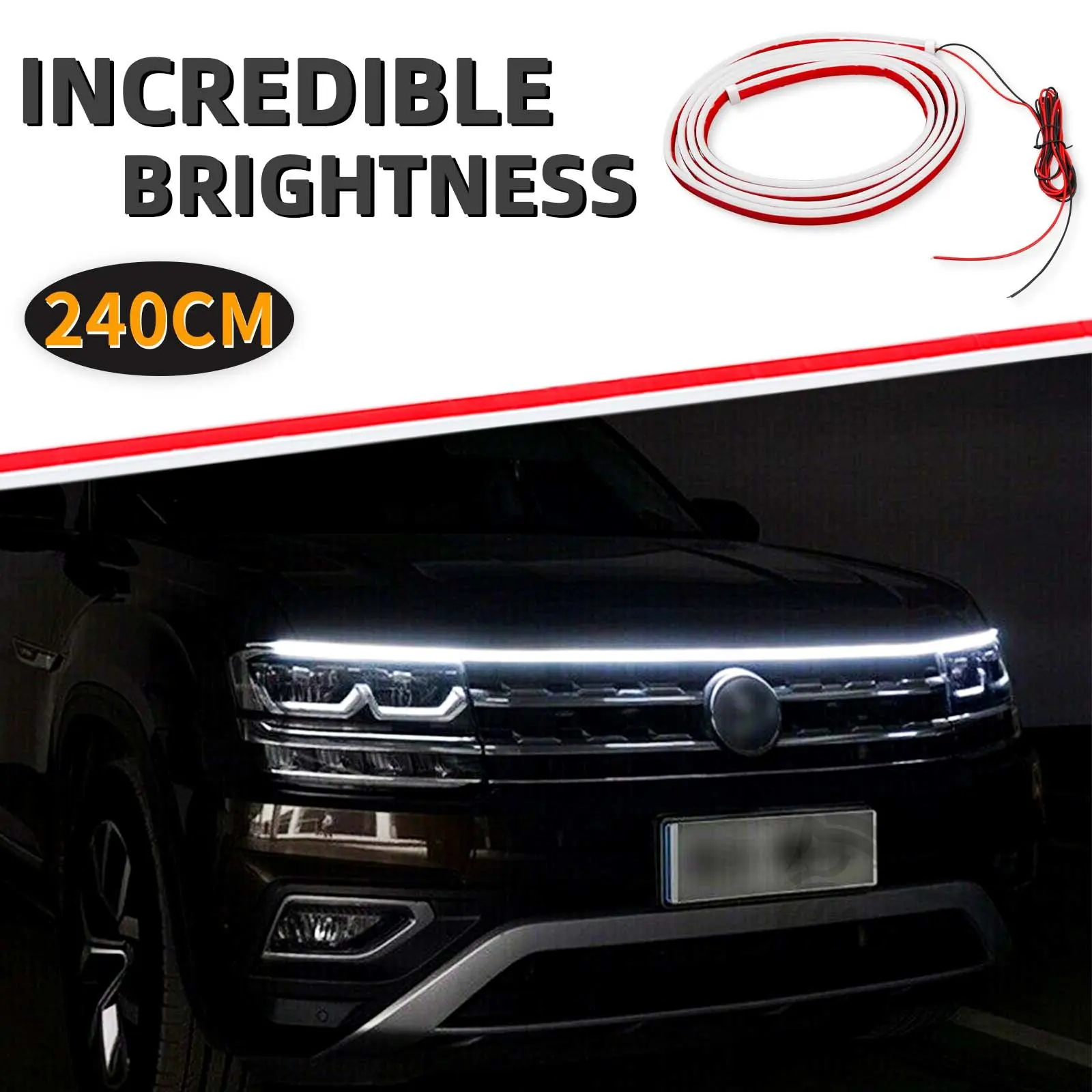 180cm/240cm 12V Flexible Waterproof Daytime Running Lights for Car Engine Cover Decoration Accessories for Cars SUVs Trucks