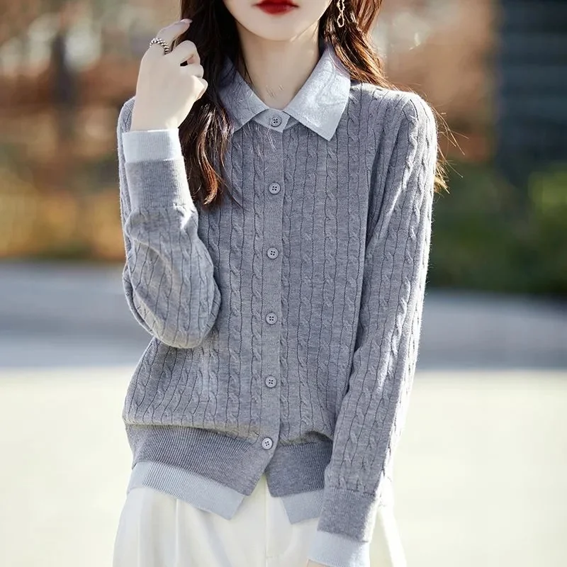 

Spring Autumn New POLO Collar Fake Two Piece Cardigan Sweater Flip Collar Women's Knitwear Loose Casual Knitted Outwear Coat Top