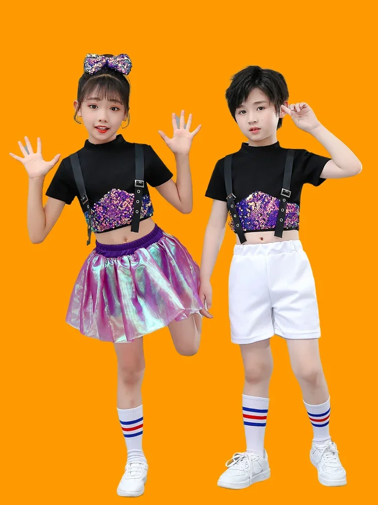 Children  Cheerleading Costumes Boys Girls Jazz Hip Hop Dance Children Sequined Dance Dress Ropa Hip Hop Mujer