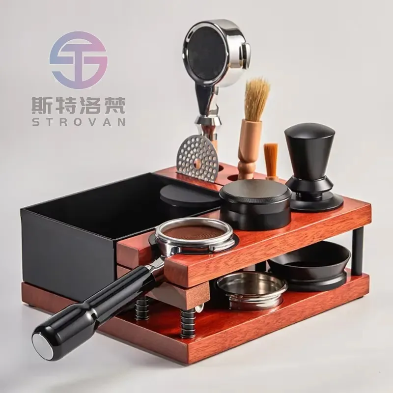 Wood Tamper Stand Knockbox Double-wall Spring-loaded Coffee Barista Tool Organizer Tamping Station Holder Espresso Knock Box