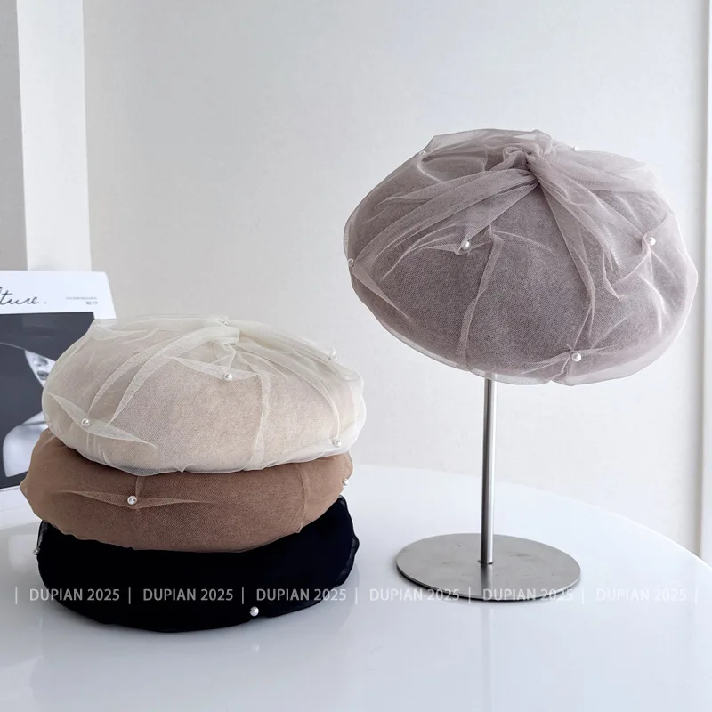 High-quality hand-sewn pearl netted wool berets with ladylike style painter hat elegant versatile pumpkin color trendy