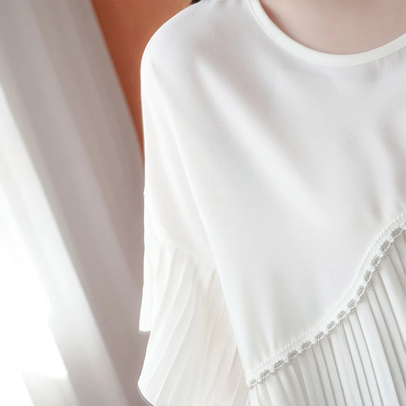 Summer New Fashion Oversize Solid Color Chiffon T-Shirts Women Round Neck Loose Short Sleeve Pullovers Pleated Personality Tops