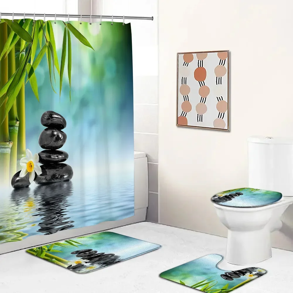 Zen Green Bamboo Shower Curtain Set Orchid Buddha Meditation Black Stone Candle Stream Home Carpet Bathtub Mat Toilet Lid Cover