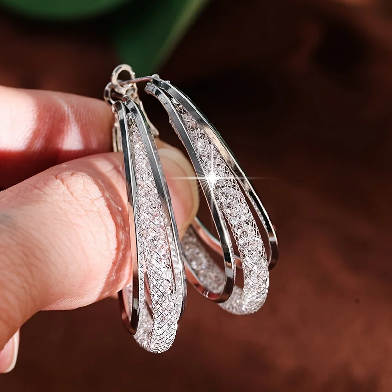 Chic Twisted Silver-Plated Hoop Earrings with Sparkling Zircon Accents - Hypoallergenic, Ideal for Parties & Gifts Best-selling