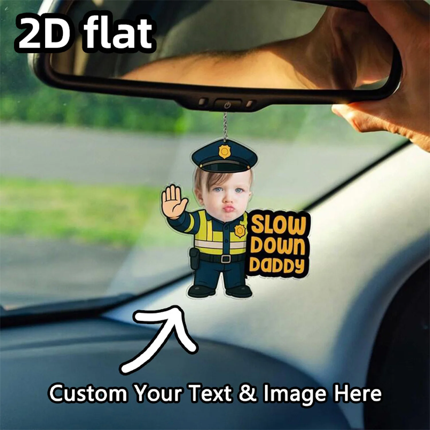 Custom Image & Text Car Rearview Mirror Hanging Decor, 2D Flat Acrylic Car Charm, Novelty Gift for Dad
