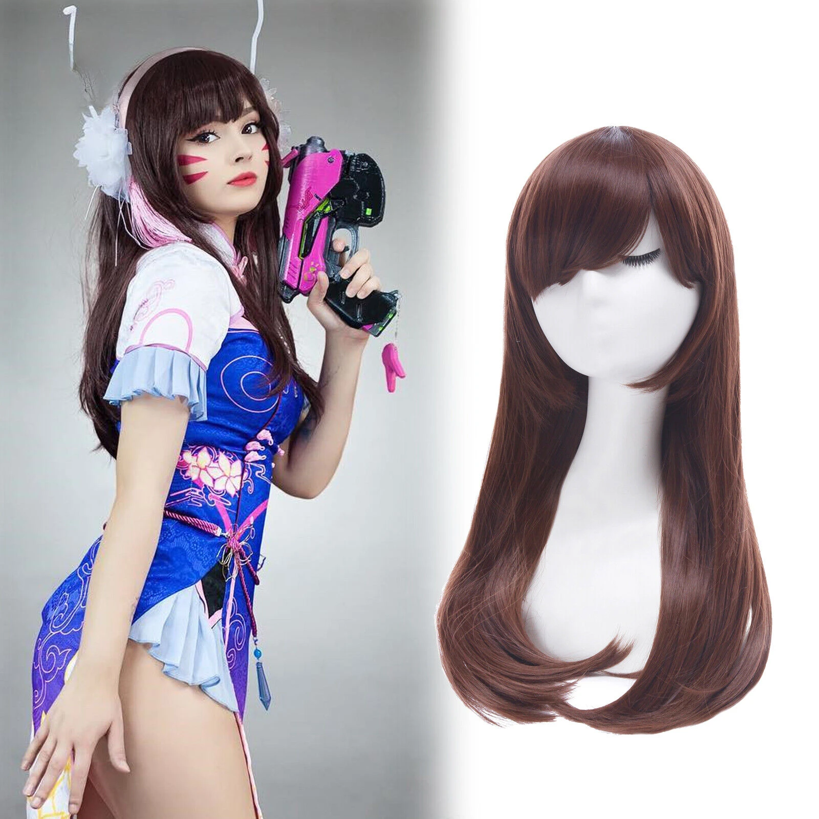 Hana Song 60cm parrucca Cosplay sintetica marrone con frangia dritta media lunga